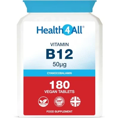 Image of Vitamin B12 Cyanocobalamin 50mcg 180 Tablets (V) (not Capsules) Vegan. Made in The UK by Health4All.
