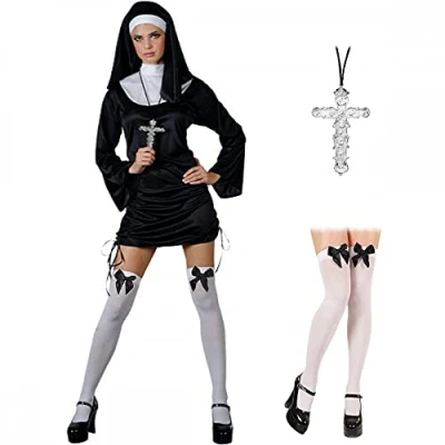 Image of A2ZFD Naughty Nun Sexy Ladies Halloween Hen Fancy Dress Costume + Stockings with Bows Cross (M (UK 14 16), White Black Bows)