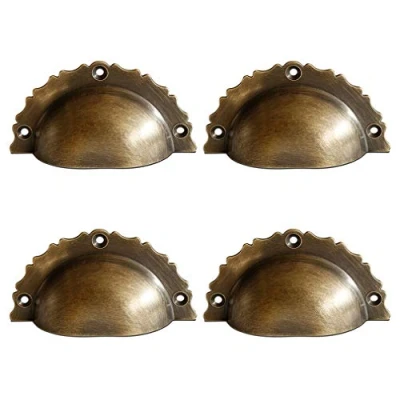 Image of Tiazza 4Pcs Vintage Style Solid Brass Cup Shell Drawer Pulls Bedside Cupboard Wardrobe Antique Handle