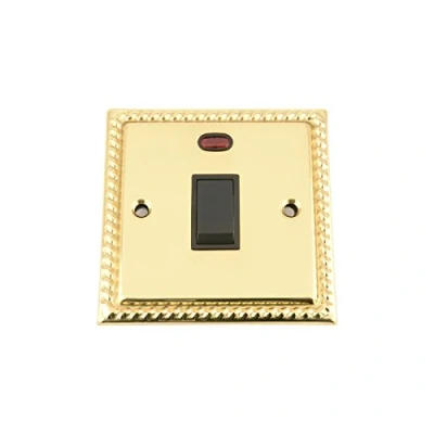Image of 20A Double Pole Switch Polished Mirror Brass Georgian Black Insert Plastic DP Water Heater with Neon Indicator