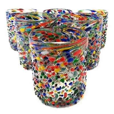 Image of Hand Blown Mexican Drinking Glasses Set of 6 Confetti Rock Tumbler (10 oz each)