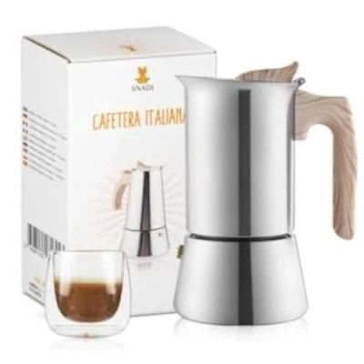 Image of Snadi Italian Moka Coffee Maker Modern and Elegant Design Suitable for Induction, Ceramic Hob, Electric Gas Ergonomic Sturdy Stainless Steel Espresso (6 Cups)
