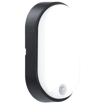 Image of Luceco EBEO10P40 01 Eco Oval Bulkhead LED Lighting with PIR Motion Sensor, Black and White Bezel, 22 cm, 10 Watts Aluminium