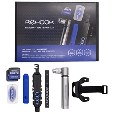 Image of Rehook Emergency Bike Repair Kit Complete Lightweight Toolkit for Cyclists Cycling PLUS Multi Tool, AIR Pump, Tyre Levers, Glueless Puncture Patches