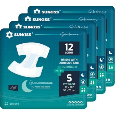 Image of SUNKISS TrustPlus Overnight Adult Diapers with Ultimate Absorbency, Unisex Incontinence Briefs Tabs for Men and Women, Odor Control, Small, 48 Count (4 Packs of 12)