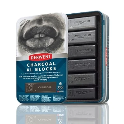 Image of Derwent Charcoal XL Blocks 6 Tin, Set of 6, 60mm Extra Large Block, Naturally Water soluble, Ideal for Sketching, Drawing and Expressive Mark Making, Professional Quality, 2306196