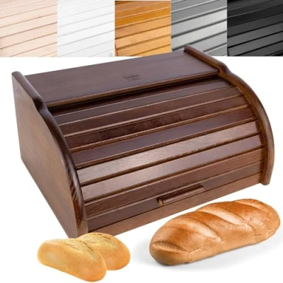 Image of Creative Home Brown Wooden Bread Bin 40 x 27.5 18.5 cm (+/ 1 cm) Natural Beech Wood box Container with Roll Top Lid Kitchen Storage
