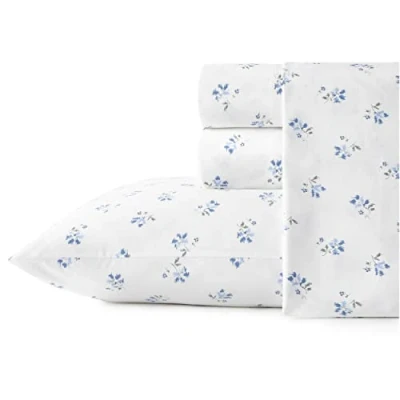Image of Stone Cottage Queen Sheets, Cotton Percale Bedding Set, Crisp &amp; Cool Home Decor (Blue Sketchy Ditsy, Queen)