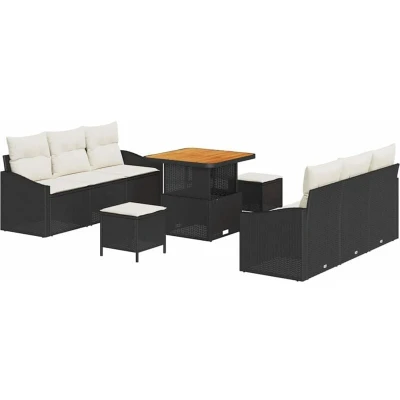 Image of vidaXL 9 Piece Garden Sofa Set with Cushions Black Poly Rattan Acacia
