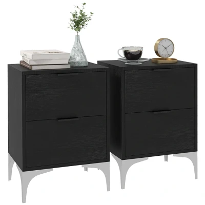 Image of HOMCOM Bedside Tables Set of 2, Modern Nightstand with 2 Drawers, Small Sofa End Storage and Steel Legs for Bedroom, Living Room, Black