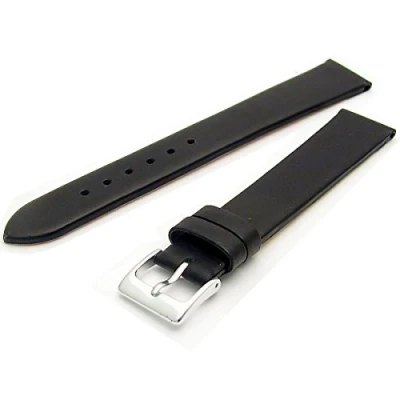 Image of Fine Calf Leather Watch Strap Band 20mm Extra Long XL Black with Chrome (Silver Colour) Buckle. Free Spring Bars (Watch Pins)