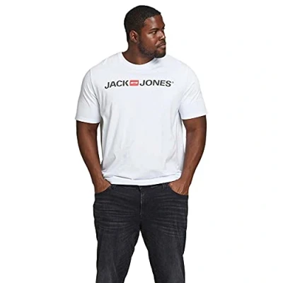 Image of JACK &amp; JONES Men&#039;s Designer Crew Neck T Shirt, JJECORP Logo, Plus Size Short Sleeve Jersey, Oversized +Size Colours:White, Size:7XL