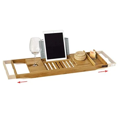 Image of SoBuy® FRG207 N, Extendable Bamboo Bathtub Rack Caddy Tray with Book Rest iPad Phone Wine Holder