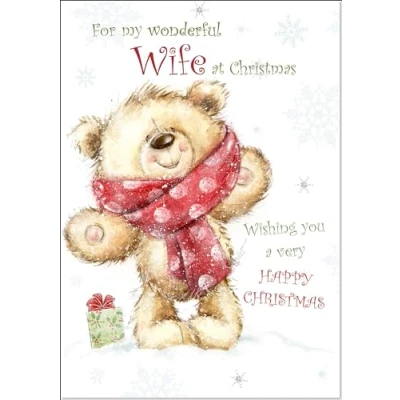 Image of doodlecards Wife Christmas Card Teddy Bear with Red Scarf Large A4 Size for Plain Envelope