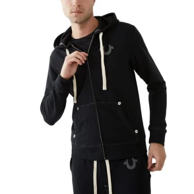 Image of True Religion Men&#039;s Buddha Logo Zip Hoodie Hooded Sweatshirt, Black, S UK