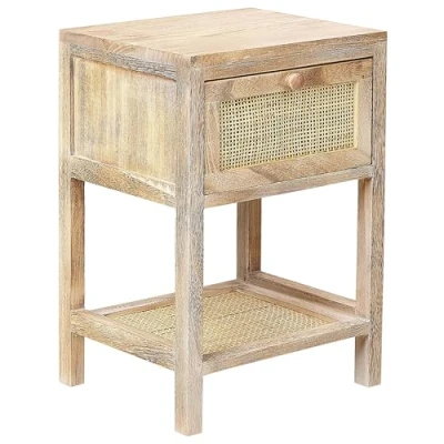 Image of Bedside Table 1 Drawer Rattan Front Paulownia Boho Style Nighstand Light Wood Esto
