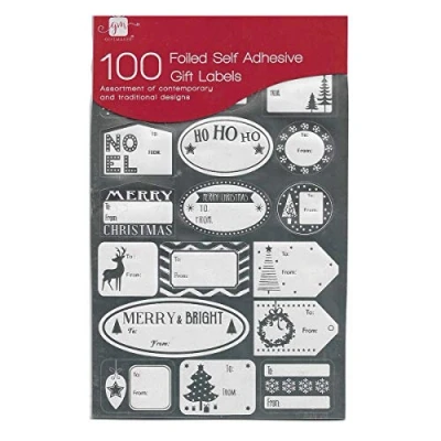 Image of 100 Foiled Self Adhesive Labels Festive Name Foil Gift Tags Presents Wrapping Christmas Stickers (100 (Silver))