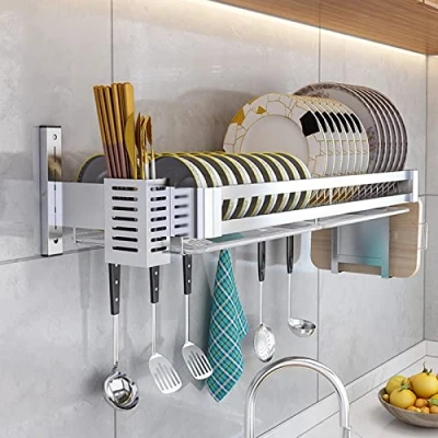 Image of Stainless Steel Wall Mounted Storage Rack, Kitchen Shelf,Dish Drainer Rack With Drip Tray,Dish Drying Cutlery And Cutting Board Silver Dish ( Color :