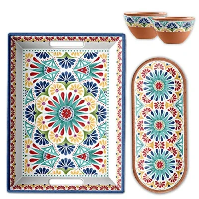 Image of Purely Home Rio Medallion Outdoor 4 Piece Plastic/Melamine Snacks &amp; Nibble Large Tray Dip Bowls Serving Set