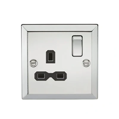 Image of KnightsBridge 13A 1G DP Switched Socket with Black Insert Bevelled Edge Polished Chrome