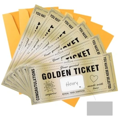 Image of Iridsmole 6PCS Scratch Card Reveal Golden Ticket, Ticket off, Birthday Voucher Surprise Card, for Concert Holiday Destination Gift