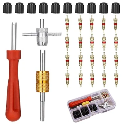 Image of XPOOP Car Bike Tyre Valve Core Tool Set with Dual &amp; Single Head Remover Tire Repair Tool, 1 Pcs 4 Way 10Pcs Caps, 20Pcs Cores, For Cars Motorcycles Bicycles