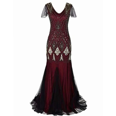 Image of aifuu 1920s Flapper Fringed Sequin Dress Roaring 20s Fancy Gatsby Costume V Neck Vintage Beaded Evening Red Gold