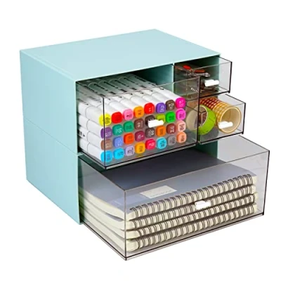 Image of OSteed Desktop Stackable Storage 4 Drawers, Blue Stationery Makeup Desk Organiser Box, Small Plastic Unit with 2 Deep Layers