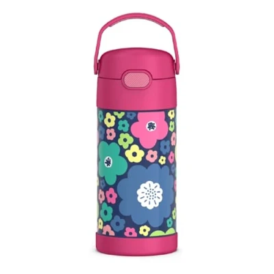 Image of THERMOS FUNTAINER Water Bottle with Straw 12 Ounce, Mod Flowers Kids Stainless Steel Vacuum Insulated Lid
