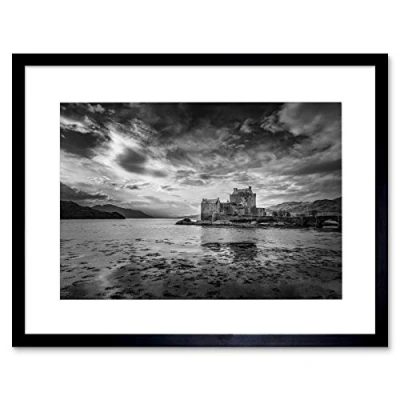 Image of Wee Blue Coo Scottish Photo Landscape Eilean Donan Castle BW Framed Wall Art Print
