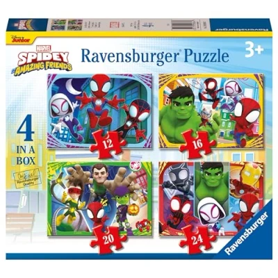 Image of Ravensburger Marvel Spidey &amp; His Amazing Friends Spiderman Jigsaw Puzzles for Kids Age 3 Years Up 4 in a Box (12, 16, 20, 24 Pieces)