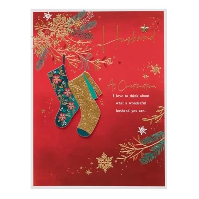 Image of UK Greetings Christmas Card for Husband Deep Red &amp; Gold Design