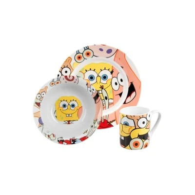 Image of Spongebob Squarepants Breakfast Set Children&#039;s Crockery 3 Piece Porcelain Plate, Bowl &amp; Cup
