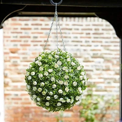 Image of Garden Mile artificial Topiary Balls, 30cm Faux Boxwood balls White Flowers, Durable UV Weather resistant Decorative flower outdoor hanging for garden, Patio(White Rose)
