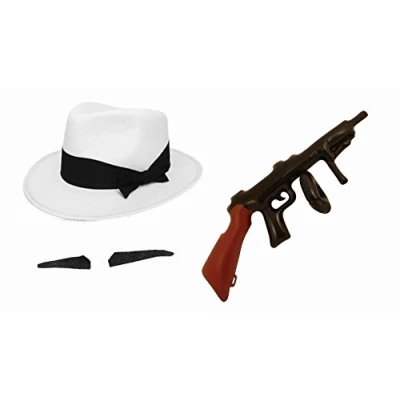 Image of MFD Childs White Gangster Hat Inflatable Tommy Gun &amp; Spiv Mustache Fancy Dress Accessories