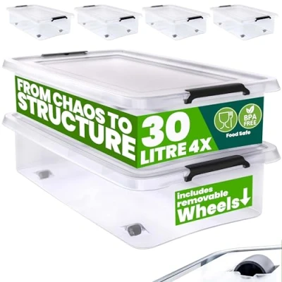 Image of Deuba® 4x 30 Litre Plastic Rolling Storage Boxes with Lid 30L Stackable Clear BPA Free Container Smooth Running Wheels Handle Really Useful Multi Purpose Clip Lock Home Organiser