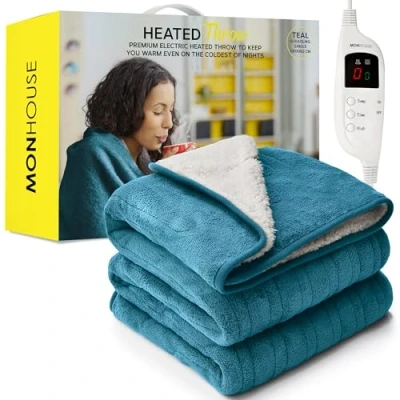 Image of MONHOUSE Heated Throw Electric Blanket Digital Controller Timer up to 9 hours, Heat Settings, Auto Shutoff Machine Washable Single 130X160cm TEAL SHEARLING