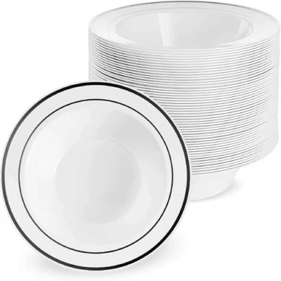 Image of MATANA 50 Premium White Plastic Bowls with Black Rim, 360ml Sturdy &amp; Reusable Soup Bowls, Dessert for Weddings, Birthdays, Picnic, Buffet, Catering, Parties