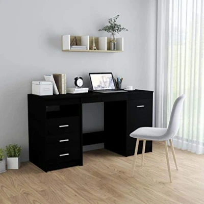 Image of vidaXL Modern Office/Study Desk, Sturdy Engineered Wood Construction, Black, Ample Storage with 3 Drawers and 1 Door, Easy Assembly Cleaning