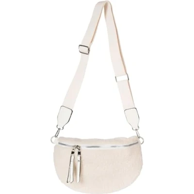 Image of styleBREAKER Ladies Teddy Fur Half Moon Crossbody shoulder Bags Unicoloured, adjustable strap 02012403, Colour:Cream