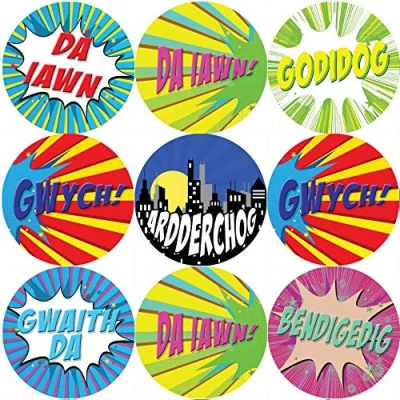 Image of 144 Superhero Comic Welsh Praise Words 30mm Reward Stickers for Teachers, Parents