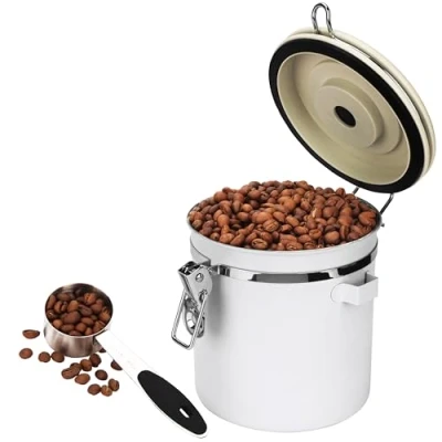 Image of Belle Vous White Coffee Canister with Date Tracker, Scoop &amp; CO2 Valve 1.4L Stainless Steel Bean Storage Container Airtight Kitchen for Grounds, Tea Sugar