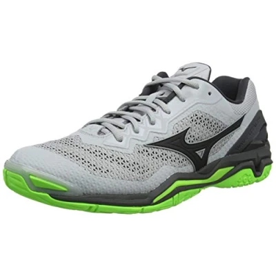 Image of Mizuno WAVE STEALTH V, Unisex Adults Handball, Grey (High Rise/Black/Green Gecko 37), 10.5 UK (45 EU)