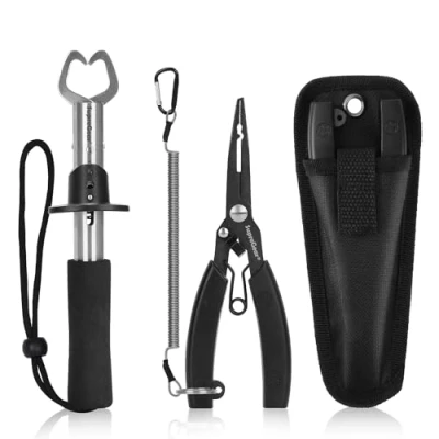 Image of supregear Fishing Pliers Set, Stainless Steel Fish Hook Remover Multi Function Line Cutters with Sheath and Coiled Lanyard Tool, Black