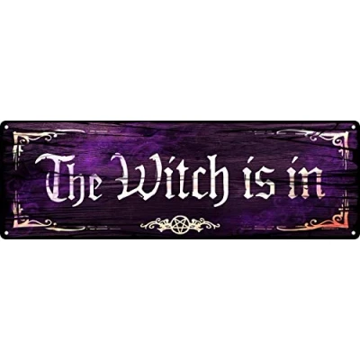 Image of Grindstore The Witch Is In Slim Tin Sign Purple 30.5x10.1cm
