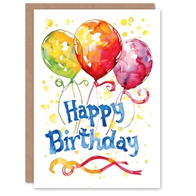 Image of Artery8 Birthday Card Colourful Watercolour Splash Balloons Painting For Him Her Man Woman Girl Boy Wife Husband Greeting