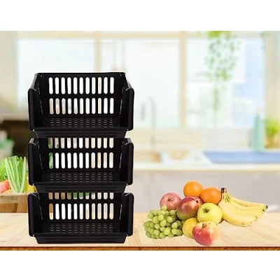 Image of Whitefurze Large 3 Tier Stacking Baskets Storage Veg Rack Plastic Stackers, Black, 35 x 12 34 cm