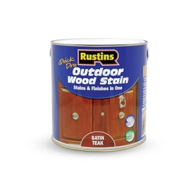 Image of Rustins Quick Dry Outdoor Wood Stain Satin Teak 2.5ltr Durable and Weather Resistant Finish, Fast Drying, Vibrant Color for Decks, Fences, &amp; Furniture, Available in Many Shades