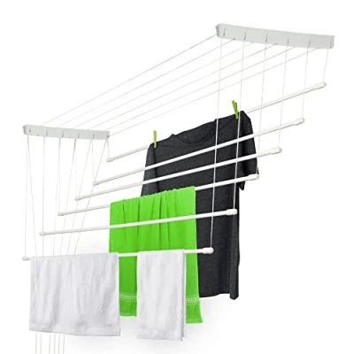 Image of KADAX Ceiling Clothes Airer, Mounted Drying Rack with Steel Rods for Bathroom, Laundry Dryer Indoor and Outdoor Use (White, 6 x 120 cm)