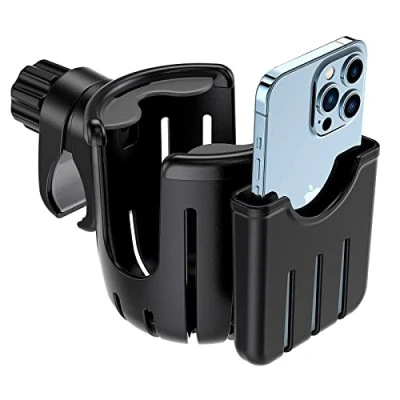 Image of Universal Pram Cup Holder with Phone Organizer for Stroller, Drink and Coffee Baby Bottle Buggy, Bike, Wheelchair, Walker, Scooter